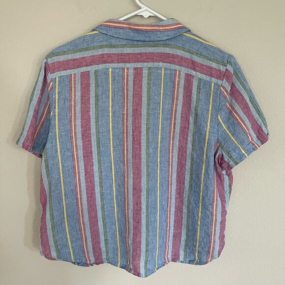 FRAME Striped Linen Button Down Short Sleeve Shirt (M) Pink Blue - Picture 4 of 6